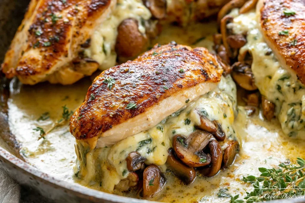 Cheesy Garlic Butter Mushroom Stuffed Chicken in a skillet with golden-seared chicken breasts, melty mozzarella, sautéed mushrooms, and creamy garlic Parmesan sauce.