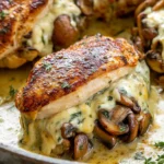 Cheesy Garlic Butter Mushroom Stuffed Chicken in a skillet with golden-seared chicken breasts, melty mozzarella, sautéed mushrooms, and creamy garlic Parmesan sauce.
