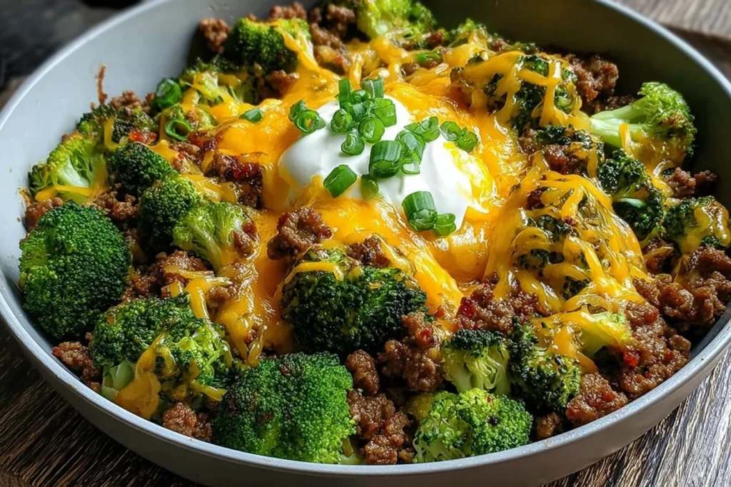 Keto Hamburger Broccoli Skillet in a pan with cheesy ground beef, tender broccoli florets, and a dollop of sour cream topped with green onions.
