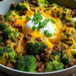 Keto Hamburger Broccoli Skillet in a pan with cheesy ground beef, tender broccoli florets, and a dollop of sour cream topped with green onions.