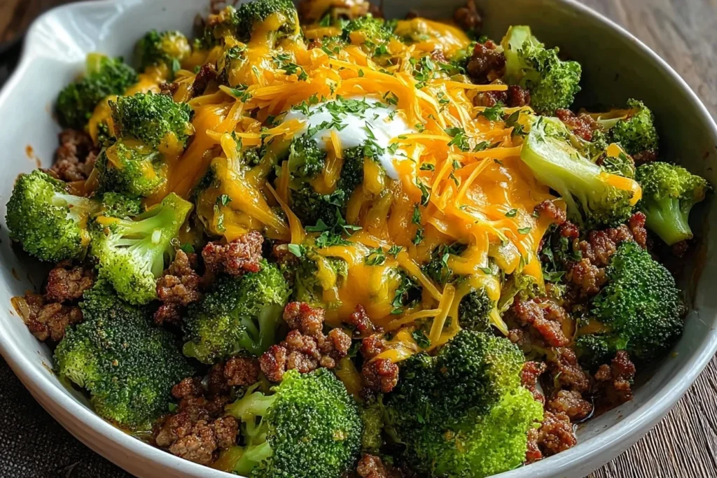 Keto Hamburger Broccoli Skillet topped with melted cheddar, a dollop of sour cream, and herbs, with browned ground beef and broccoli in a skillet.
