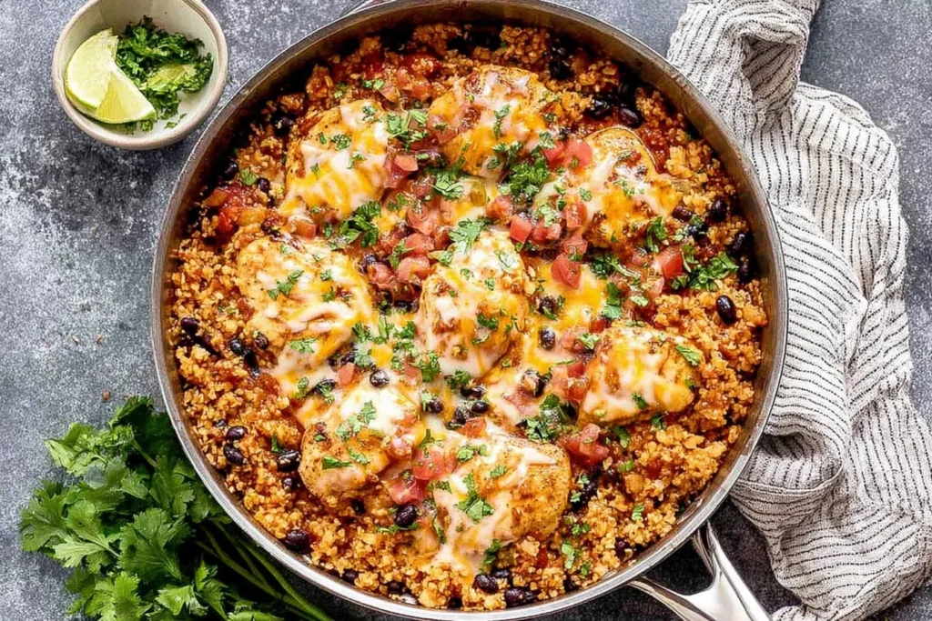 Salsa Chicken and Cauliflower Rice Skillet topped with melted cheddar and Monterey Jack, black beans, salsa, and fresh cilantro in a cast-iron pan.