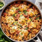 Salsa Chicken and Cauliflower Rice Skillet topped with melted cheddar and Monterey Jack, black beans, salsa, and fresh cilantro in a cast-iron pan.