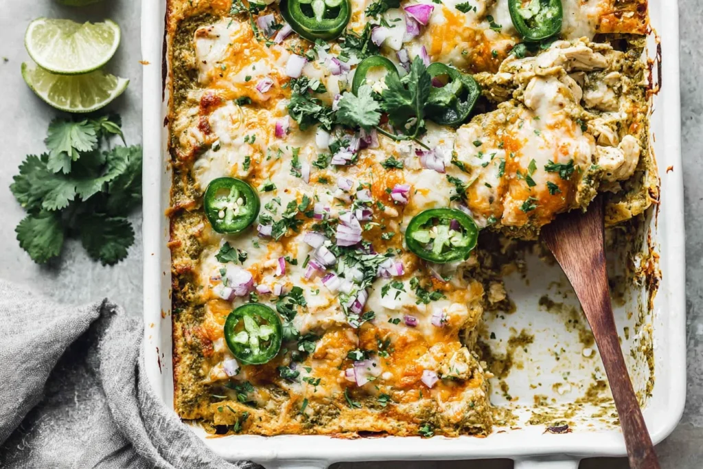 Salsa Verde Chicken Casserole topped with melted Monterey Jack, sliced jalapeños, cilantro, and diced red onion in a white baking dish.