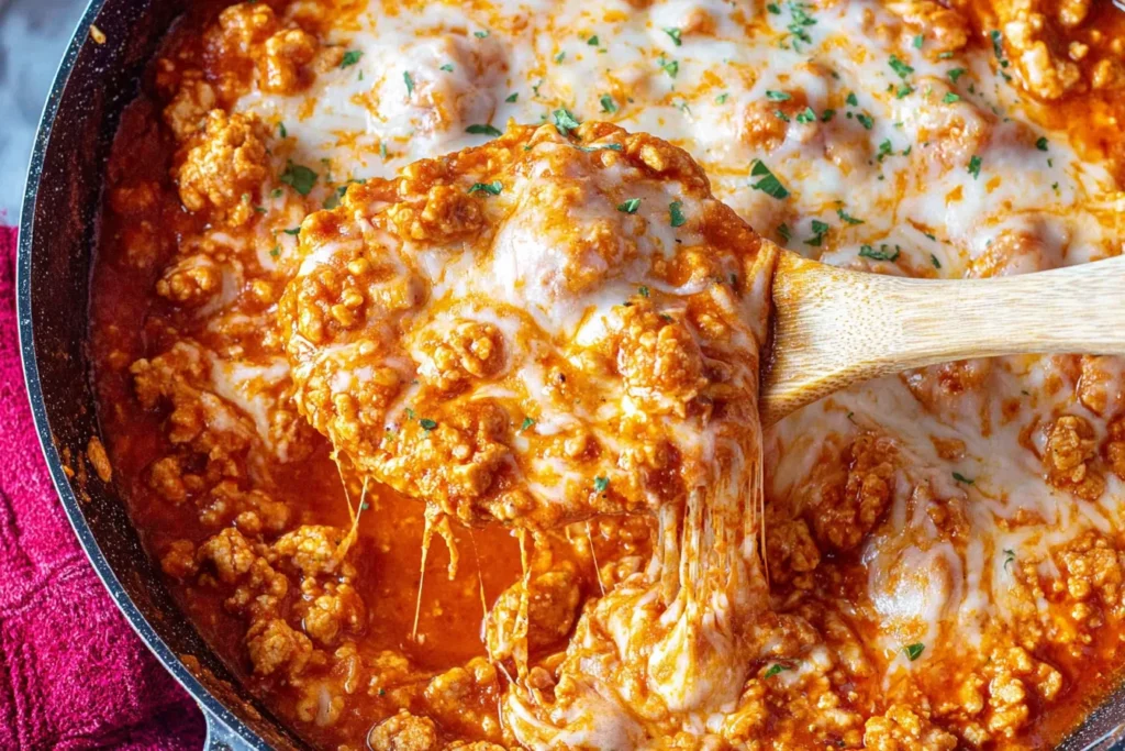 Ground Chicken Parmesan in a skillet with marinara and melted mozzarella, showing a cheesy spoonful with stretchy cheese pull.