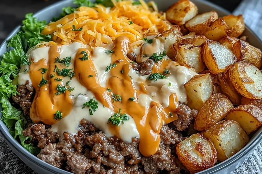 Smash Burger Bowl topped with melted cheese and special sauce, served with crispy roasted potatoes and fresh greens.
