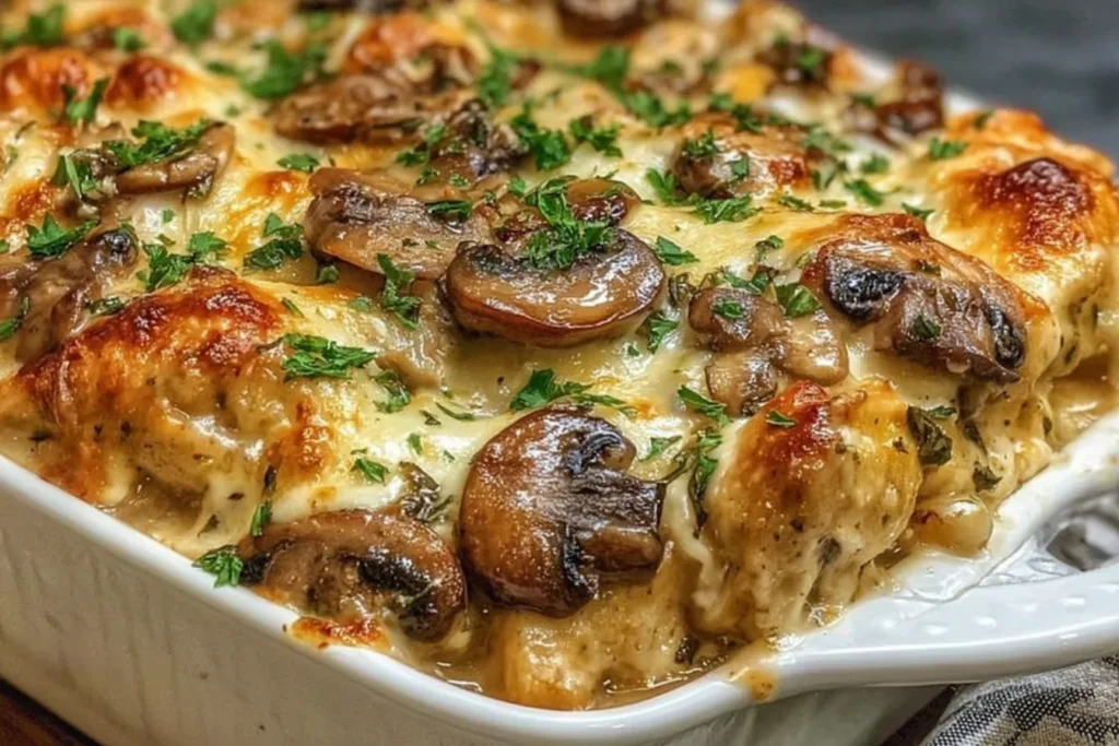 Chicken Marsala Casserole close-up with golden chicken, sautéed mushrooms, and creamy Marsala sauce, topped with fresh parsley.