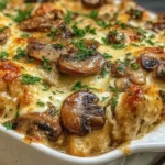 Chicken Marsala Casserole close-up with golden chicken, sautéed mushrooms, and creamy Marsala sauce, topped with fresh parsley.
