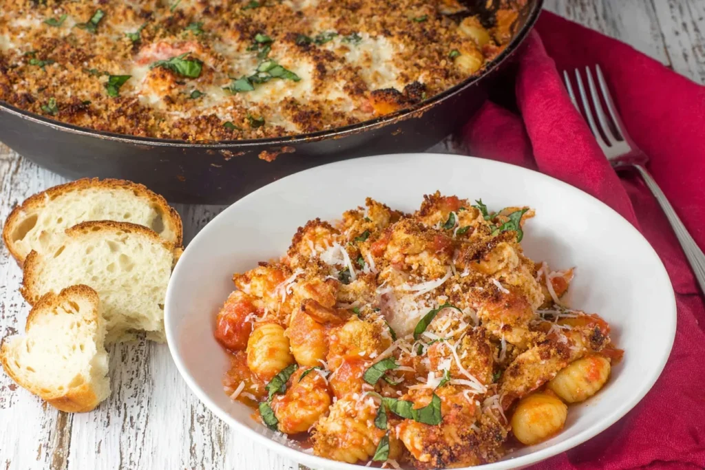 Chicken Parmesan Gnocchi in a skillet with crispy Parmesan breadcrumb topping, marinara sauce, mozzarella, and fresh basil, served with crusty bread.