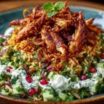 Chicken Shawarma Crispy Rice Salad with shawarma-spiced shredded chicken, crispy rice, cucumber-herb salad, pomegranate arils, and creamy tahini sauce.