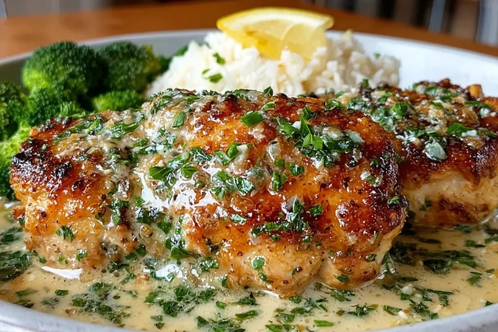 Chicken with Boursin Sauce featuring golden pan-seared chicken breasts in a creamy garlic herb sauce, served with broccoli and rice.