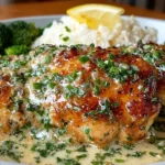 Chicken with Boursin Sauce featuring golden pan-seared chicken breasts in a creamy garlic herb sauce, served with broccoli and rice.