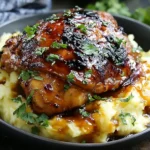 Chipotle Honey Chicken Thighs With Smoked Gouda Mashed Potatoes served in a bowl with glossy chipotle-honey glaze, creamy mashed potatoes, and fresh herbs.