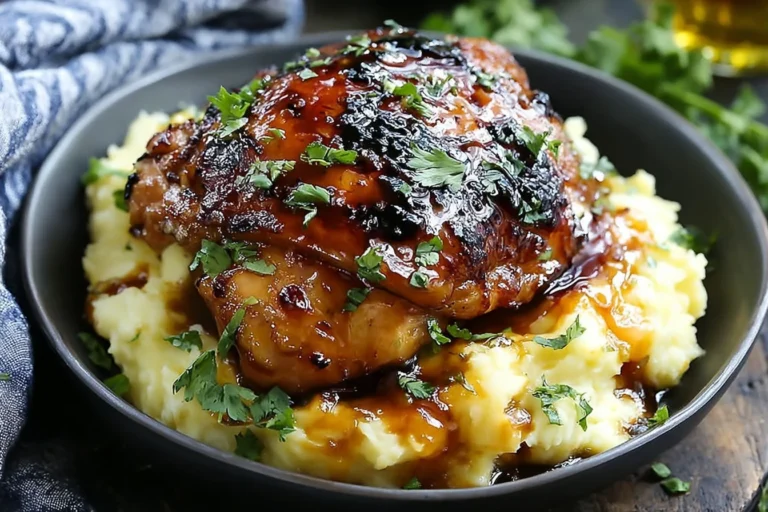 Chipotle Honey Chicken Thighs With Smoked Gouda Mashed Potatoes served in a bowl with glossy chipotle-honey glaze, creamy mashed potatoes, and fresh herbs.