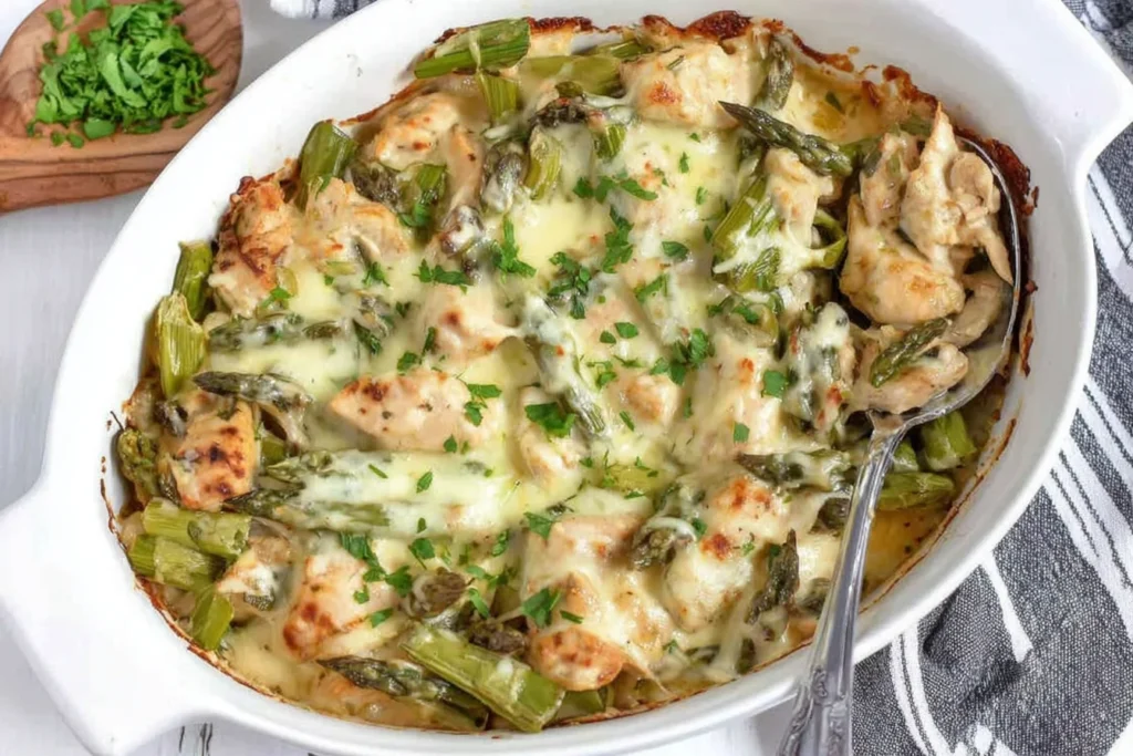 Creamy Asparagus Chicken Casserole in a white baking dish with tender chicken pieces, asparagus spears, and melted cheese, ready to serve.