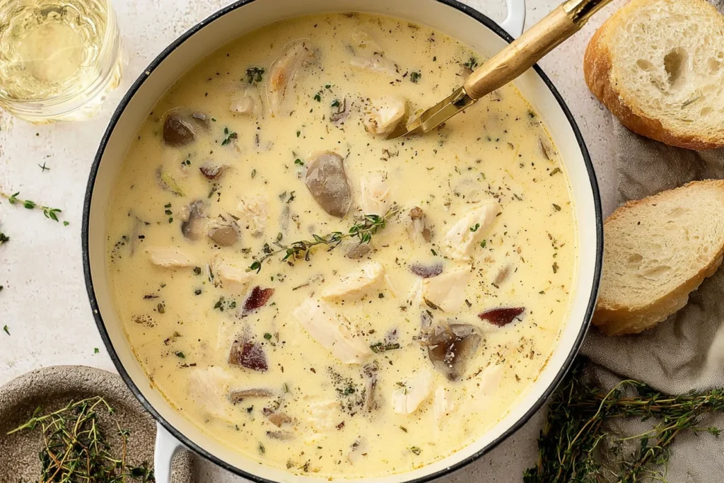 Creamy Boursin Chicken Soup in a Dutch oven with tender chicken, mushrooms, and herbs, served with crusty bread slices.