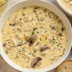 Creamy Boursin Chicken Soup in a white bowl with mushrooms, tender chicken, and fresh herbs, served with crusty bread on the side.
