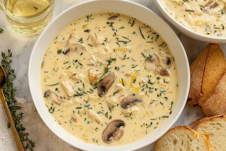 Creamy Boursin Chicken Soup in a white bowl with mushrooms, tender chicken, and fresh herbs, served with crusty bread on the side.