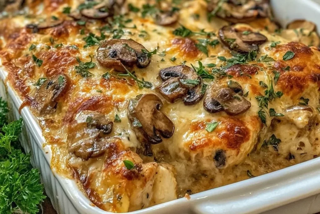 Chicken Marsala Casserole baked golden in a white dish with mushrooms, creamy sauce, and parsley on top.