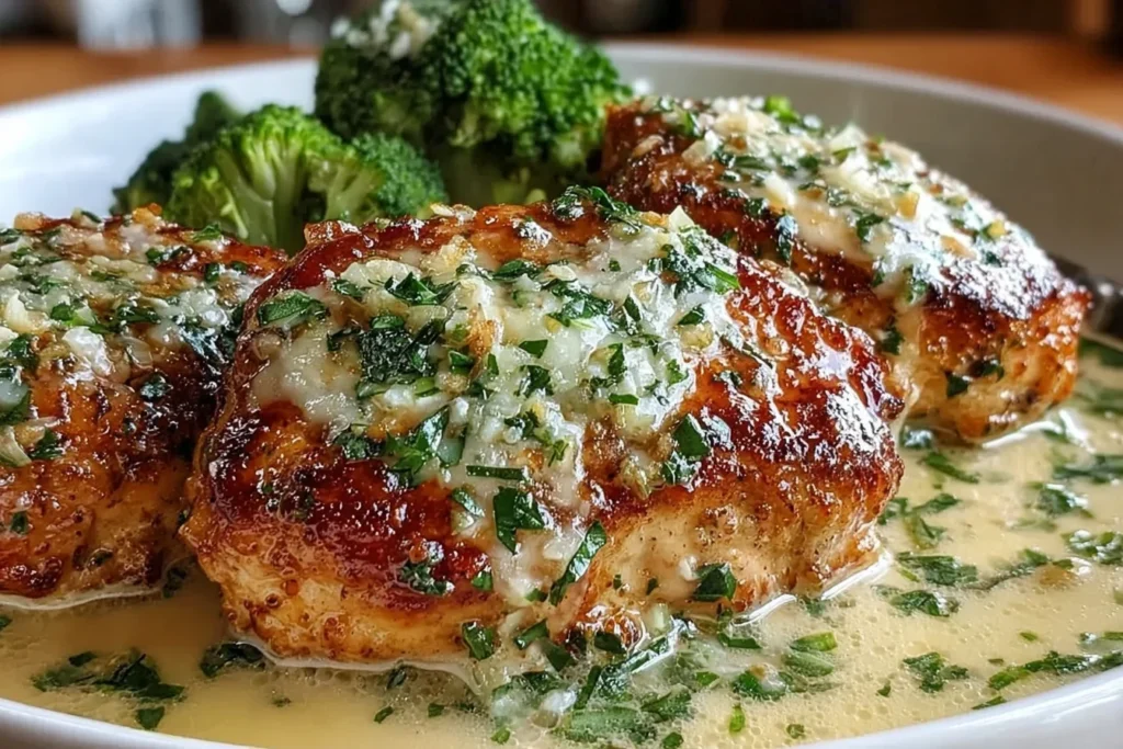 Chicken with Boursin Sauce served over seared chicken breasts in a creamy garlic herb pan sauce, topped with parsley and paired with broccoli.