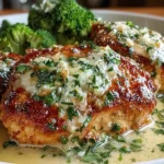 Chicken with Boursin Sauce served over seared chicken breasts in a creamy garlic herb pan sauce, topped with parsley and paired with broccoli.