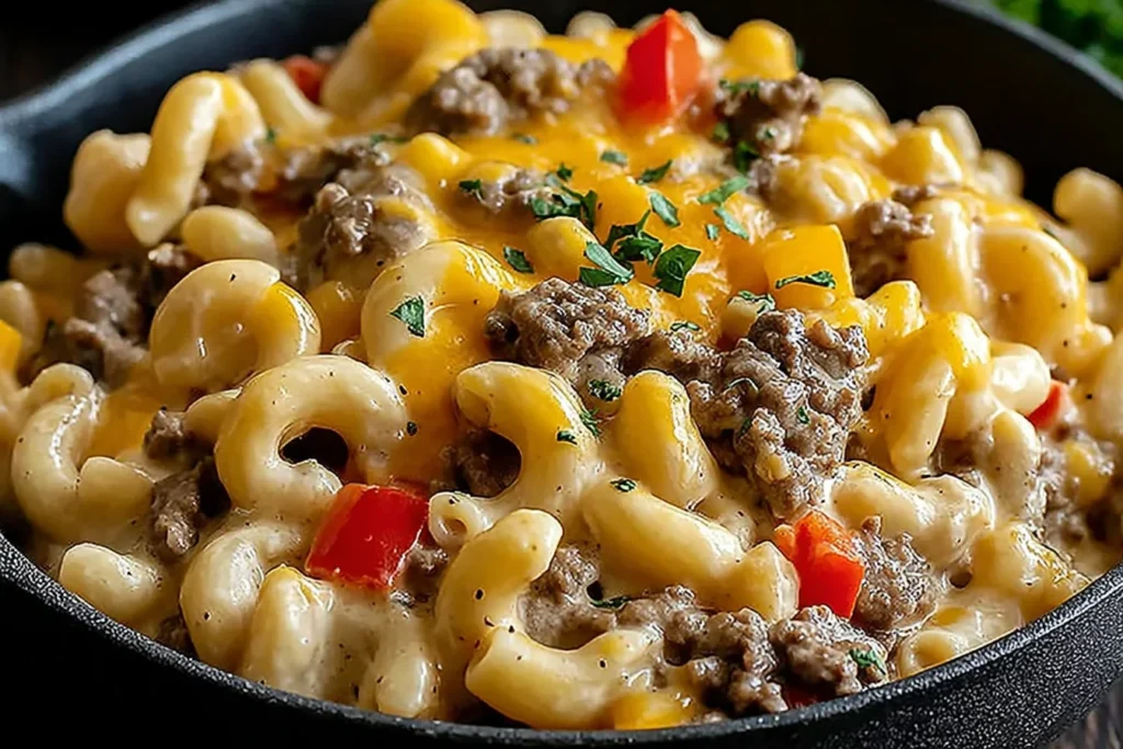 High-Protein Philly Cheesesteak Mac in a skillet with creamy cheese sauce, lean ground beef, sautéed peppers, and tender macaroni.
