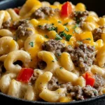 High-Protein Philly Cheesesteak Mac in a skillet with creamy cheese sauce, lean ground beef, sautéed peppers, and tender macaroni.