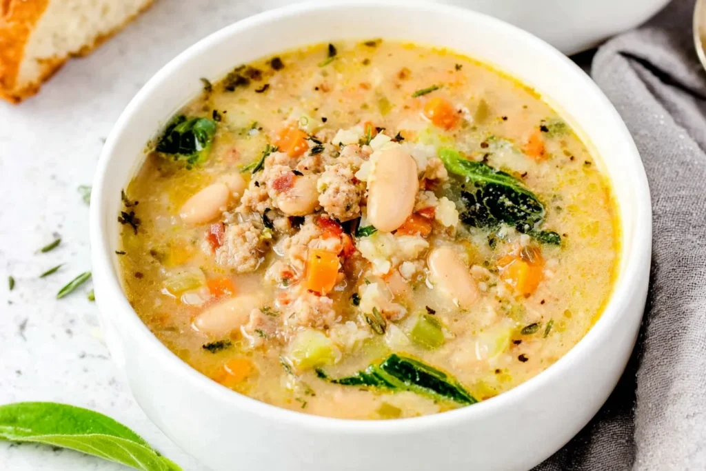 Creamy Italian White Bean Soup with sausage, cannellini beans, carrots, celery, and spinach in a white bowl.