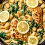 Lemon Chicken Gnocchi in a skillet with creamy lemon sauce, spinach, Parmesan, and seared chicken cutlets topped with lemon slices.