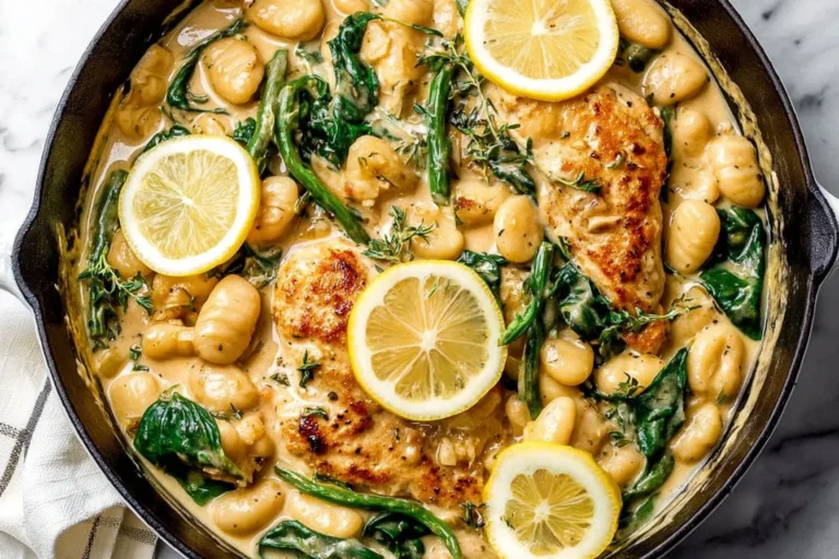 Lemon Chicken Gnocchi in a skillet with creamy lemon sauce, spinach, Parmesan, and seared chicken cutlets topped with lemon slices.