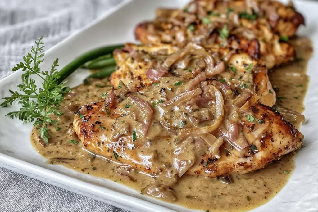 Lemon Shallot Chicken smothered in a creamy lemon-shallot pan sauce on a white platter with green beans and parsley.