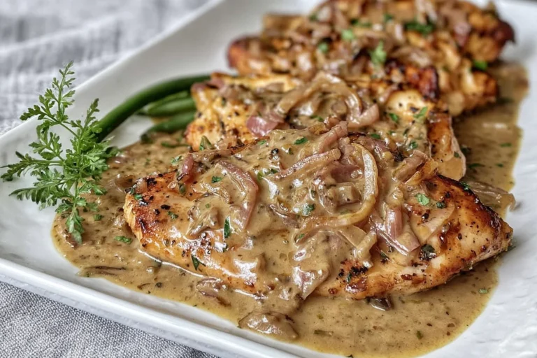Lemon Shallot Chicken smothered in a creamy lemon-shallot pan sauce on a white platter with green beans and parsley.