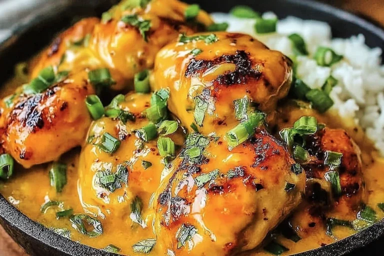 Low Carb Bang Bang Chicken in a skillet, coated in creamy spicy sauce and topped with chopped green onions, served over cauliflower rice.