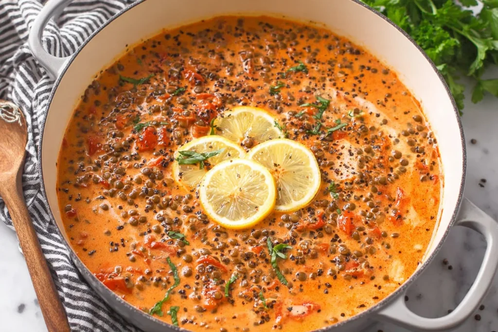Creamy Marry Me Lentils simmering in a creamy sun-dried tomato sauce, topped with lemon slices and fresh basil in a Dutch oven.