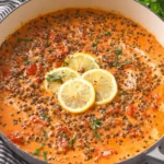 Creamy Marry Me Lentils simmering in a creamy sun-dried tomato sauce, topped with lemon slices and fresh basil in a Dutch oven.