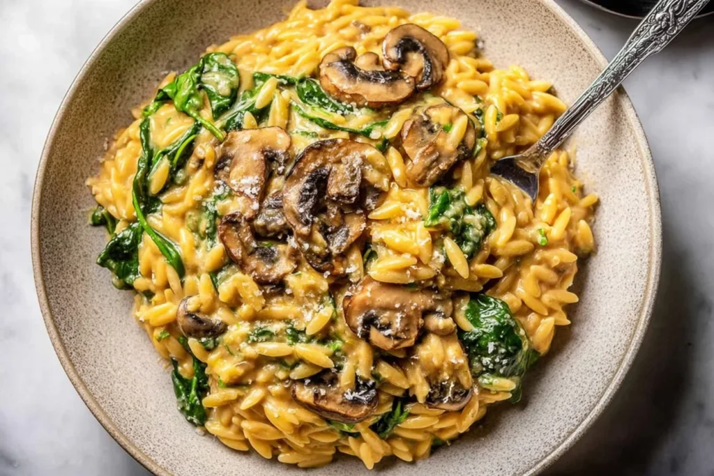 Creamy Mushroom and Spinach Orzo served in a bowl, topped with sautéed mushrooms and wilted spinach in a creamy Parmesan sauce.