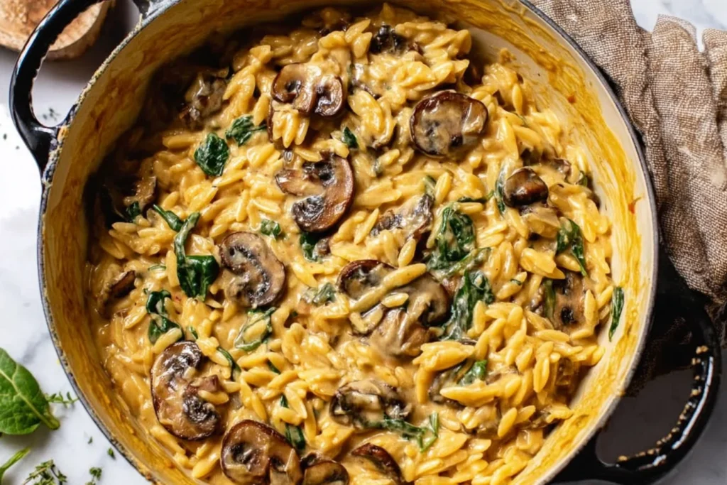 Creamy Mushroom and Spinach Orzo in a Dutch oven, with sautéed cremini mushrooms, wilted spinach, and a creamy Parmesan sauce.