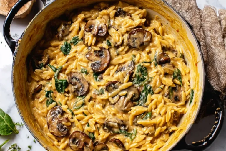 Creamy Mushroom and Spinach Orzo in a Dutch oven, with sautéed cremini mushrooms, wilted spinach, and a creamy Parmesan sauce.