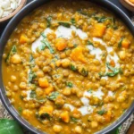 Pumpkin Curry Recipe in a bowl with lentils and chickpeas, finished with a creamy coconut milk swirl and fresh herbs.