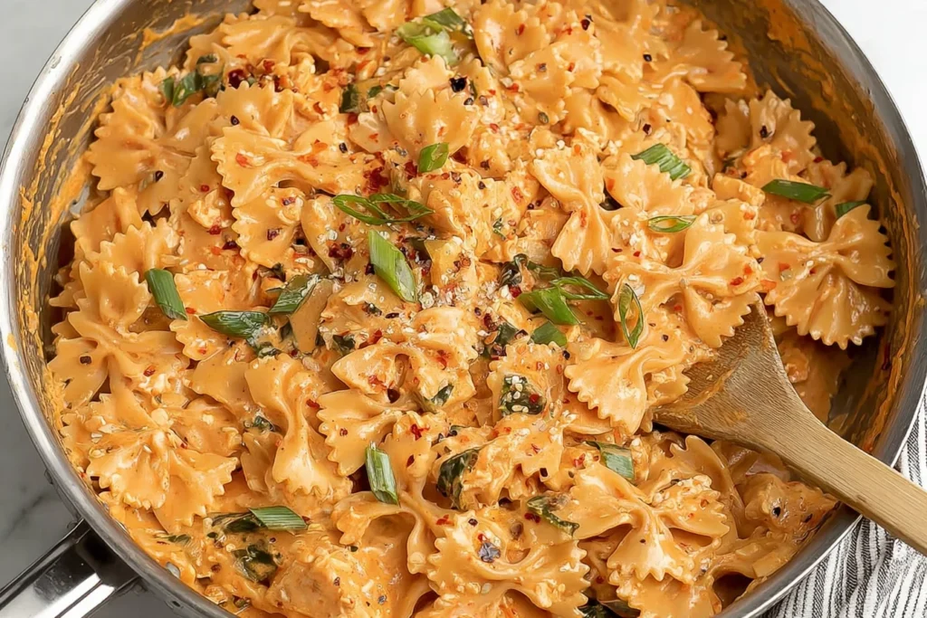 Spicy Chicken Bowties in a skillet—creamy Cajun chicken pasta with bowtie noodles, red pepper flakes, and green onions.