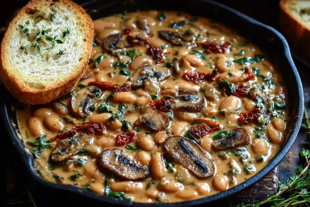 Creamy White Bean and Mushroom Skillet in a cast-iron pan with sautéed mushrooms, creamy sauce, herbs, and crusty bread for dipping.