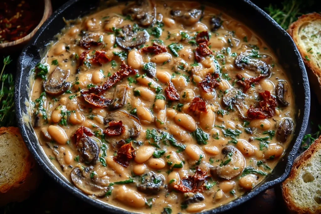 Creamy White Bean and Mushroom Skillet in a cast-iron skillet with tender white beans, sautéed mushrooms, greens, and sun-dried tomatoes, served with crusty bread.