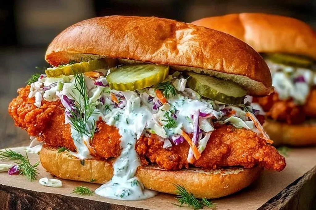 Crispy Buffalo Chicken Sandwich with Ranch Slaw topped with creamy herb slaw and pickle slices on a toasted brioche bun.