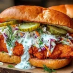 Crispy Buffalo Chicken Sandwich with Ranch Slaw topped with creamy herb slaw and pickle slices on a toasted brioche bun.