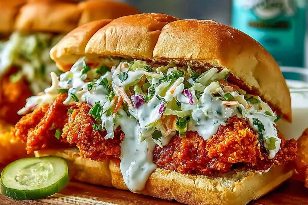 Crispy Buffalo Chicken Sandwich with Ranch Slaw on a toasted brioche bun, featuring crunchy buffalo-fried chicken and creamy herby slaw.