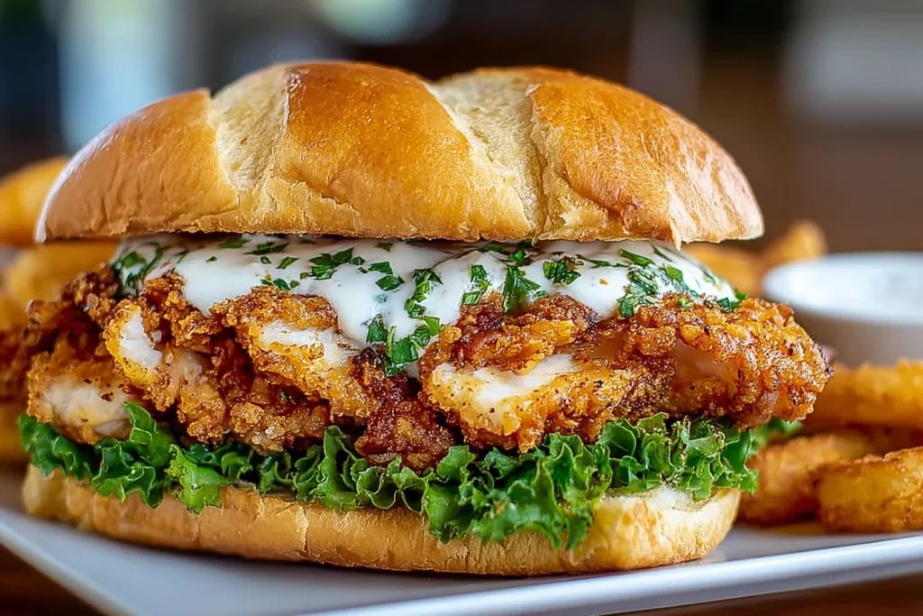 Cajun Crispy Chicken Sandwich with Garlic Aioli served on a soft brioche bun with crispy Cajun-fried chicken, leafy lettuce, and creamy garlic sauce.