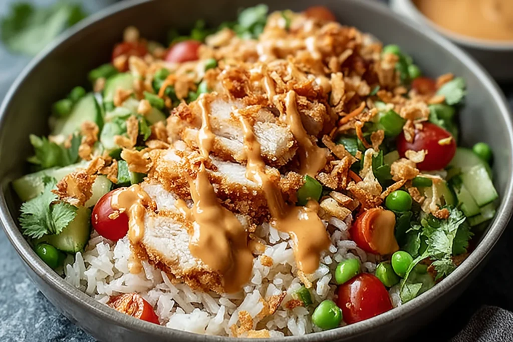 Chicken Crispy Rice Salad with Creamy Peanut Dressing topped with crispy chicken, jasmine rice, cucumbers, cherry tomatoes, herbs, and peanut sauce.