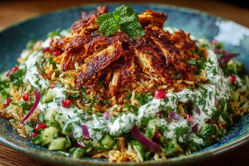 Chicken Shawarma Crispy Rice Salad bowl with spiced shredded chicken, crunchy rice, cucumber, red onion, herbs, and creamy tahini sauce.