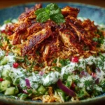 Chicken Shawarma Crispy Rice Salad bowl with spiced shredded chicken, crunchy rice, cucumber, red onion, herbs, and creamy tahini sauce.