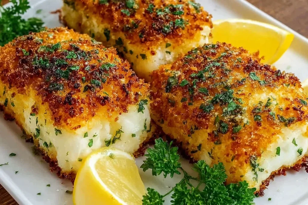 Crispy Air Fryer Parmesan Cod fillets with a crunchy golden crust, sprinkled with parsley and served with lemon wedges on a white plate.